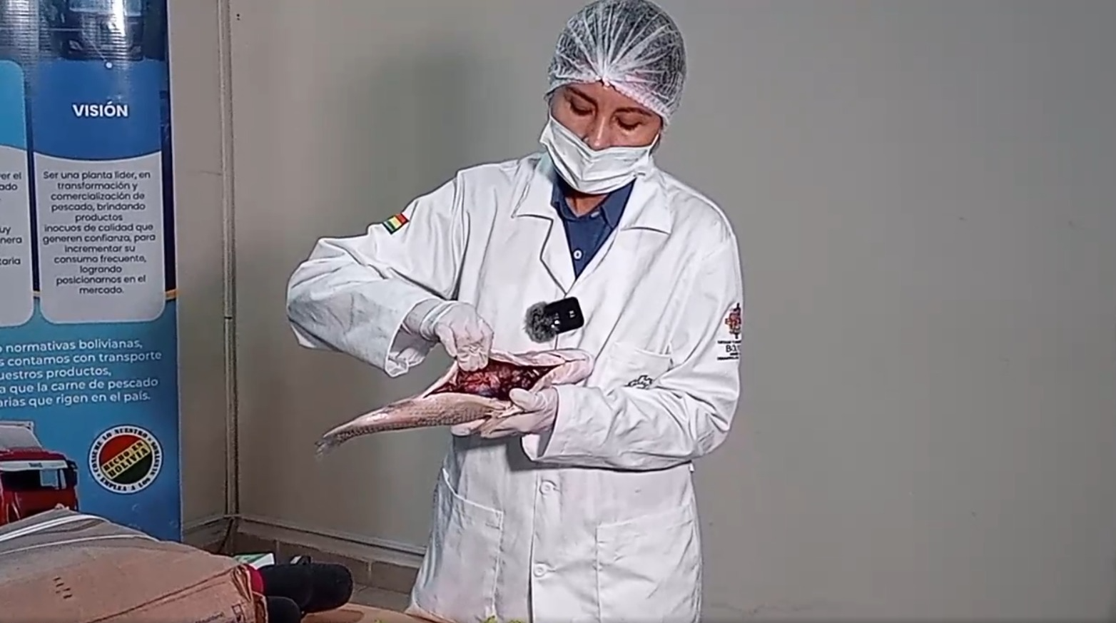 Especialista sanitaria hace una demostración de las características de un pescado en buen estado. Captura: Senasag