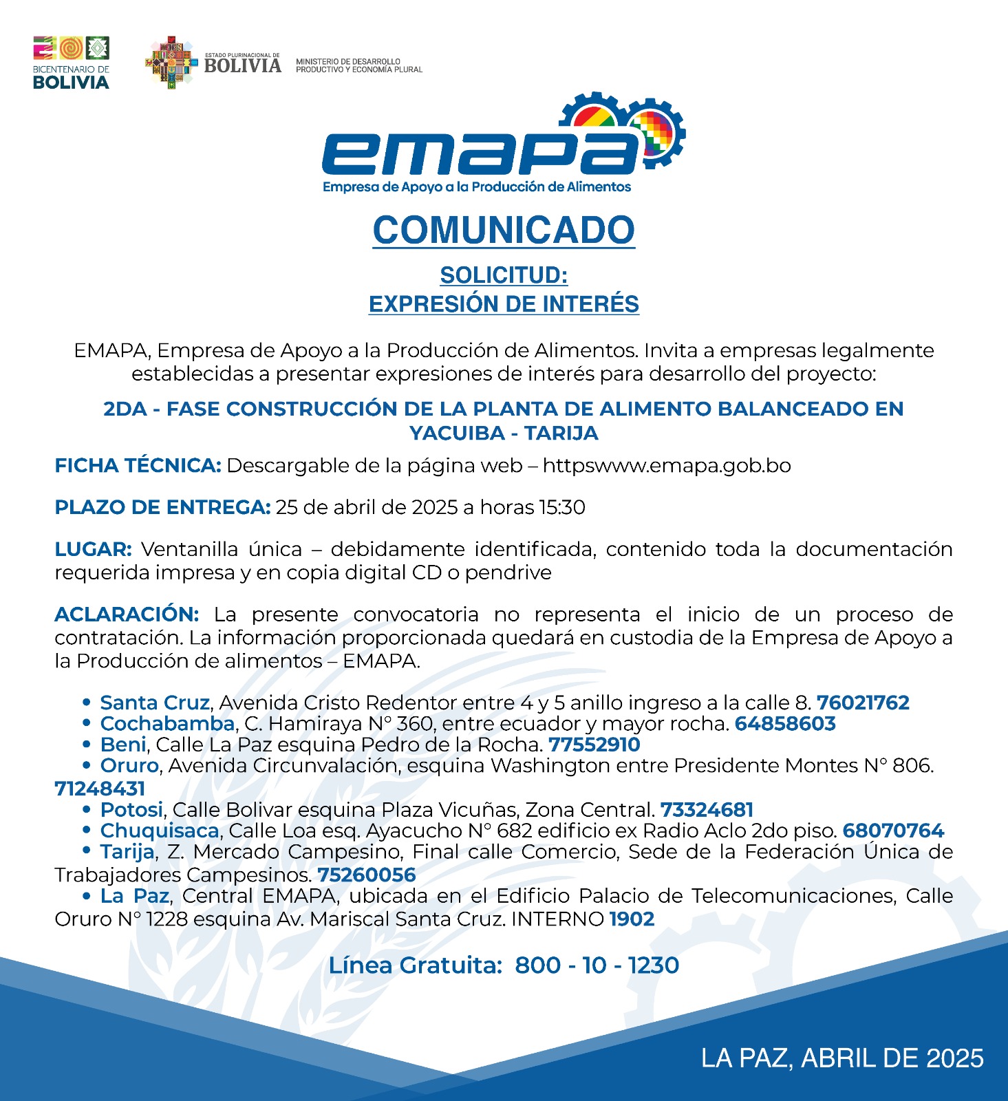 Emapa lanza convocatorias para construcción, equipamiento e instalación de industrias en La Paz, Tarija y Chuquisaca