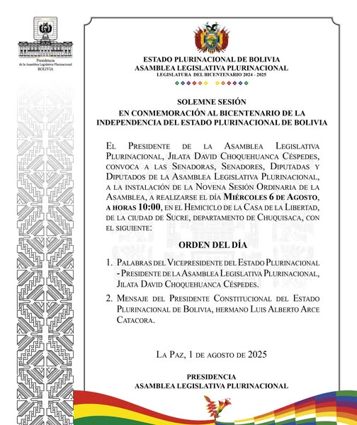 Convocan a sesión de Asamblea Legislativa en Sucre para conmemorar el Bicentenario de Bolivia
