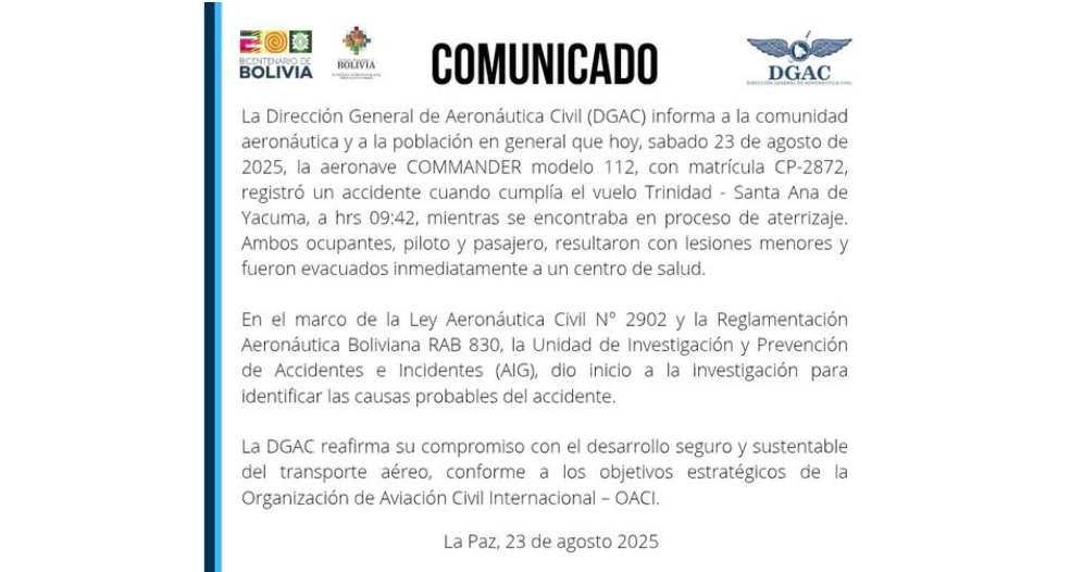 DGAC reporta accidente de aeronave en Trinidad con el saldo de dos heridos