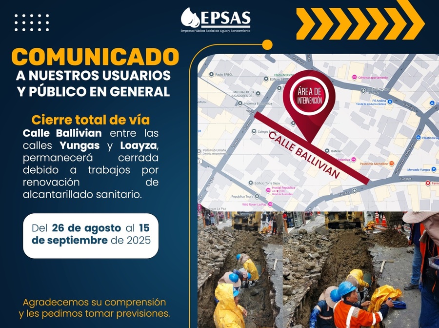 Cierran las calles Ballivián y Loayza del centro de La Paz por trabajos de alcantarillado