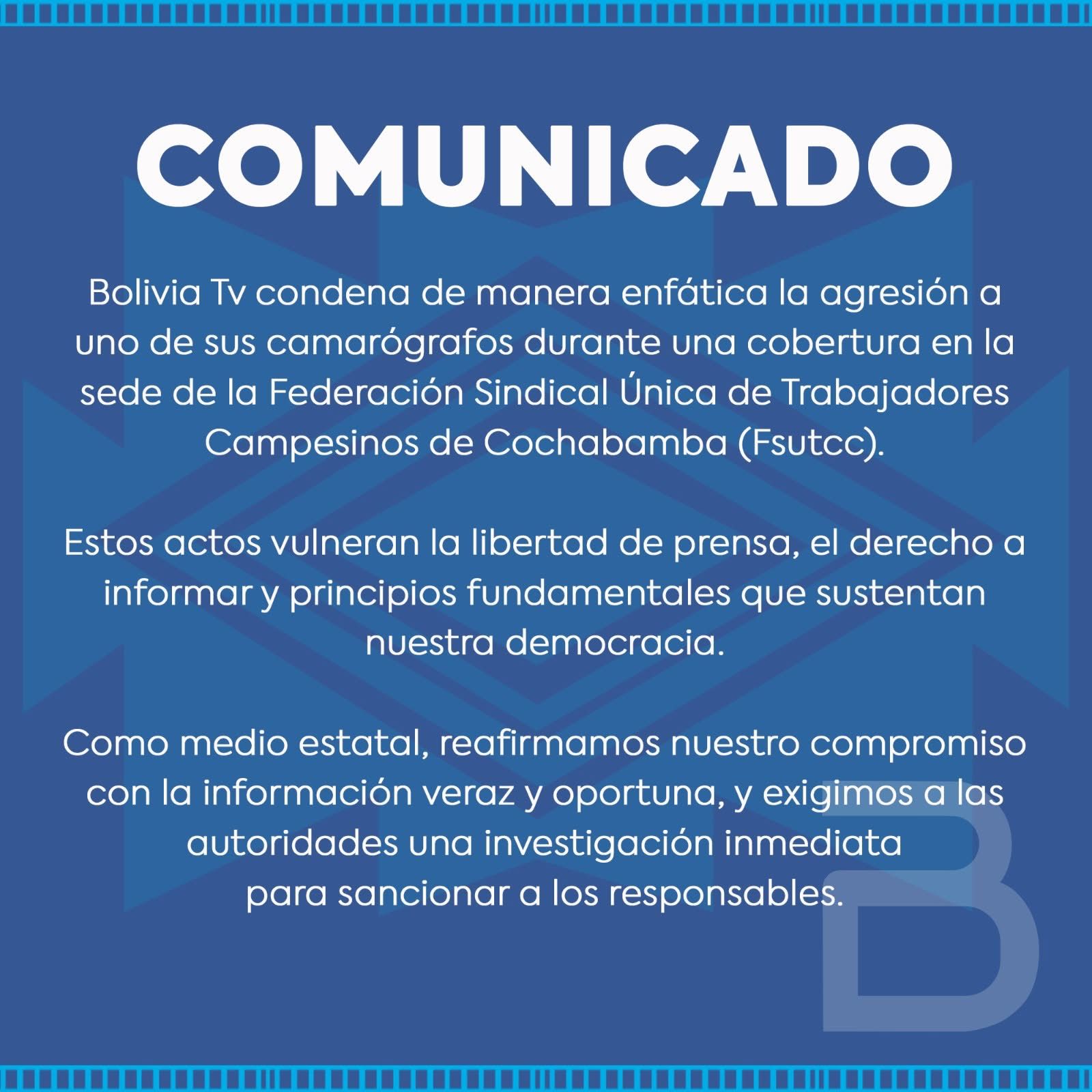 Bolivia TV exige investigar agresión a uno de sus camarógrafos en Cochabamba
