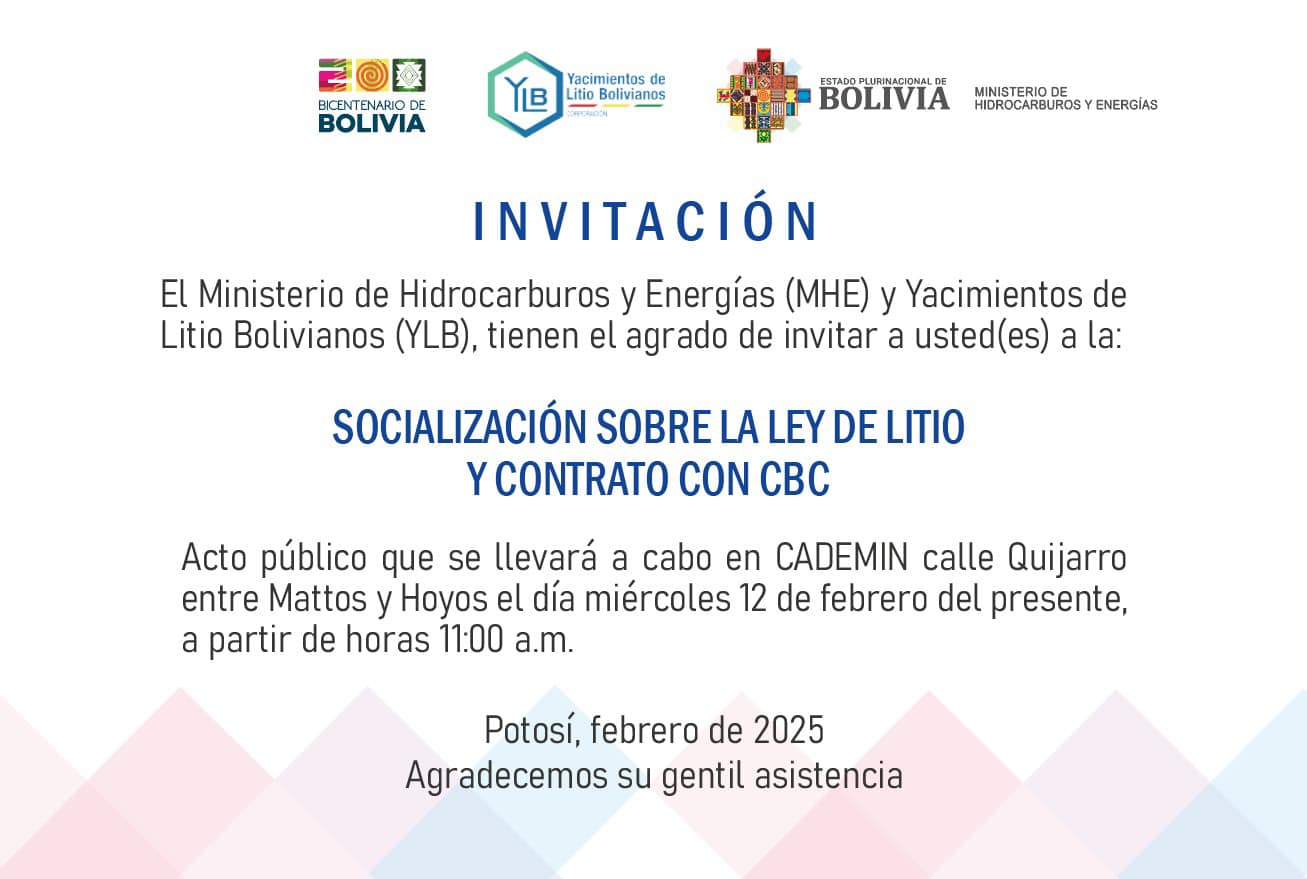YLB invita a la socialización sobre la Ley de Litio y contrato con CBC en la ciudad de Potosí