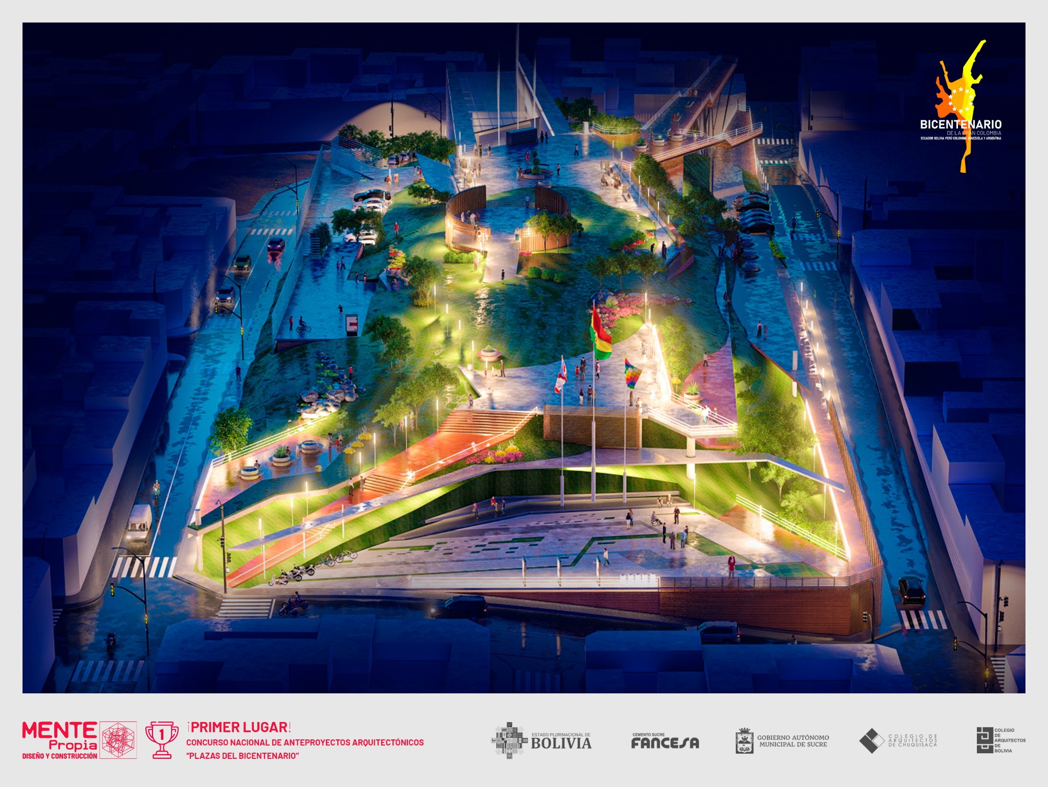 Primer lugar en el Concurso Nacional de Anteproyectos Arquitectónicos - Plazas del Bicentenario. Plaza Bolivia en Sucre, Chuquisaca. Foto: Mente Propia