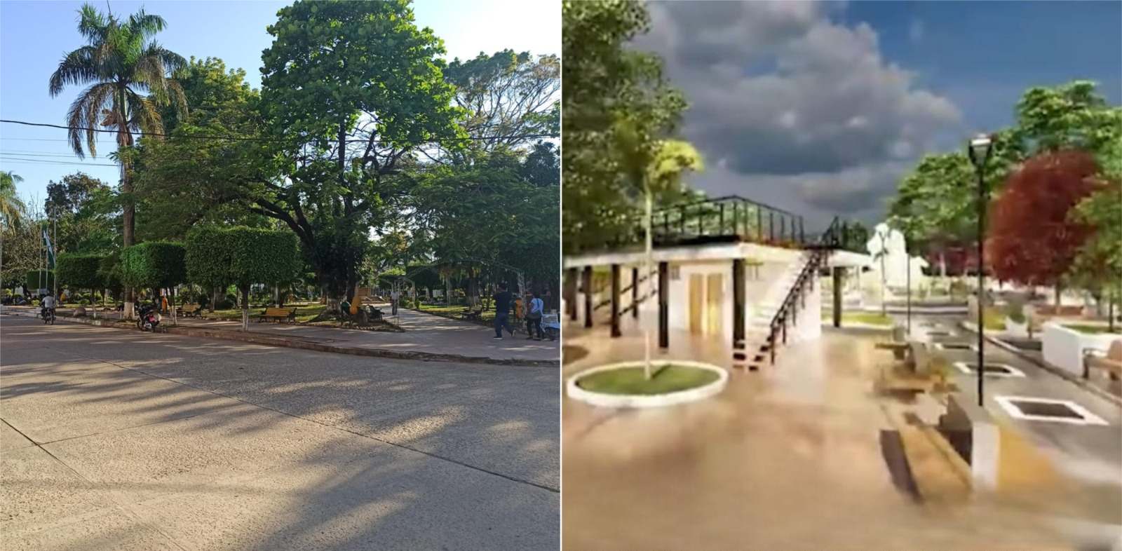 Plaza central de Yapacaní en la actualidad (izq.) y proyecto de la nueva plaza principal 1ro de Mayo (der.). Foto: GAMY