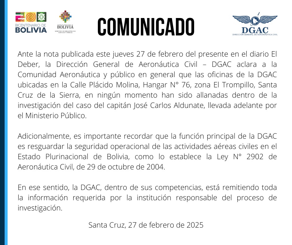 DGAC aclara que sus oficinas en Santa Cruz no fueron allanadas