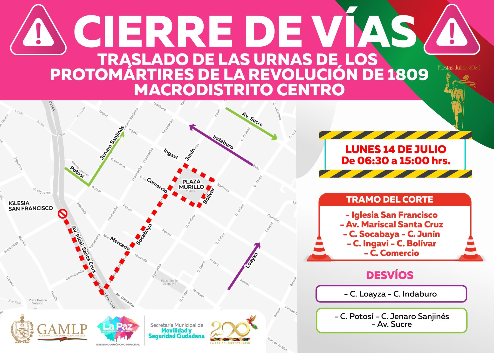 Conozca las vías que estarán cerradas en el macrodistrito Centro por desfiles y actos conmemorativos al 16 de Julio