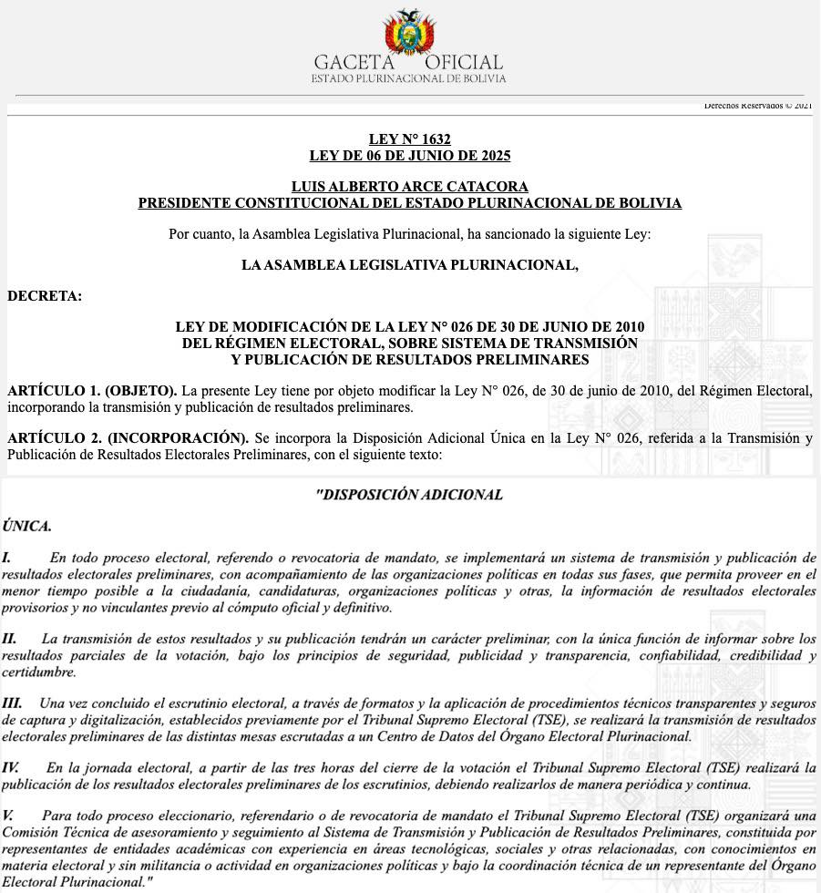 Arce promulga ley de publicación de resultados electorales preliminares y reafirma su compromiso con las elecciones