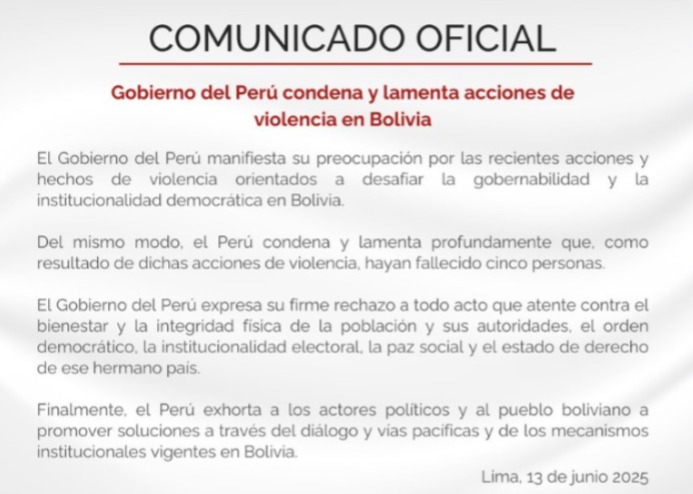 Perú condena violencia en Bolivia y rechaza actos que vayan contra la democracia