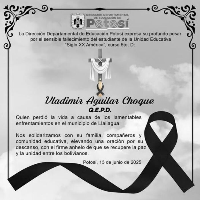 Arce expresa condolencias por muerte de estudiante en Llallagua, anuncia investigación para esclarecer el caso