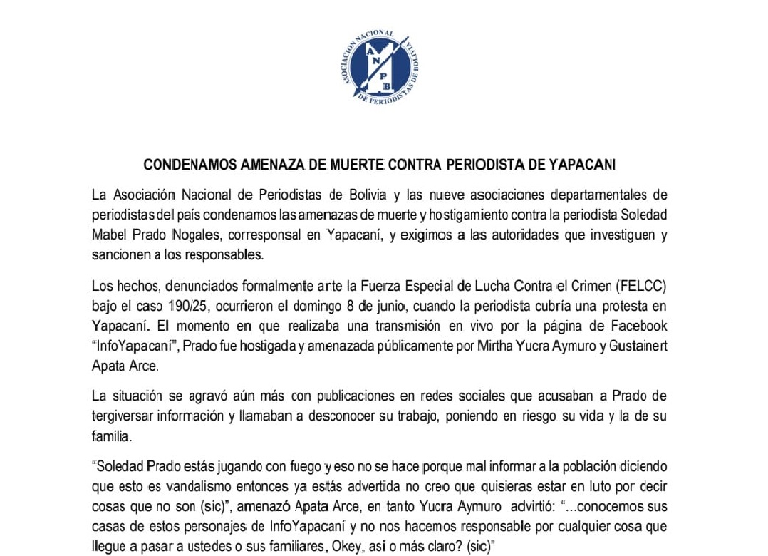 Asociación de Periodistas de Bolivia condena amenazas a corresponsal de InfoYapacaní y exige sancionar a responsables