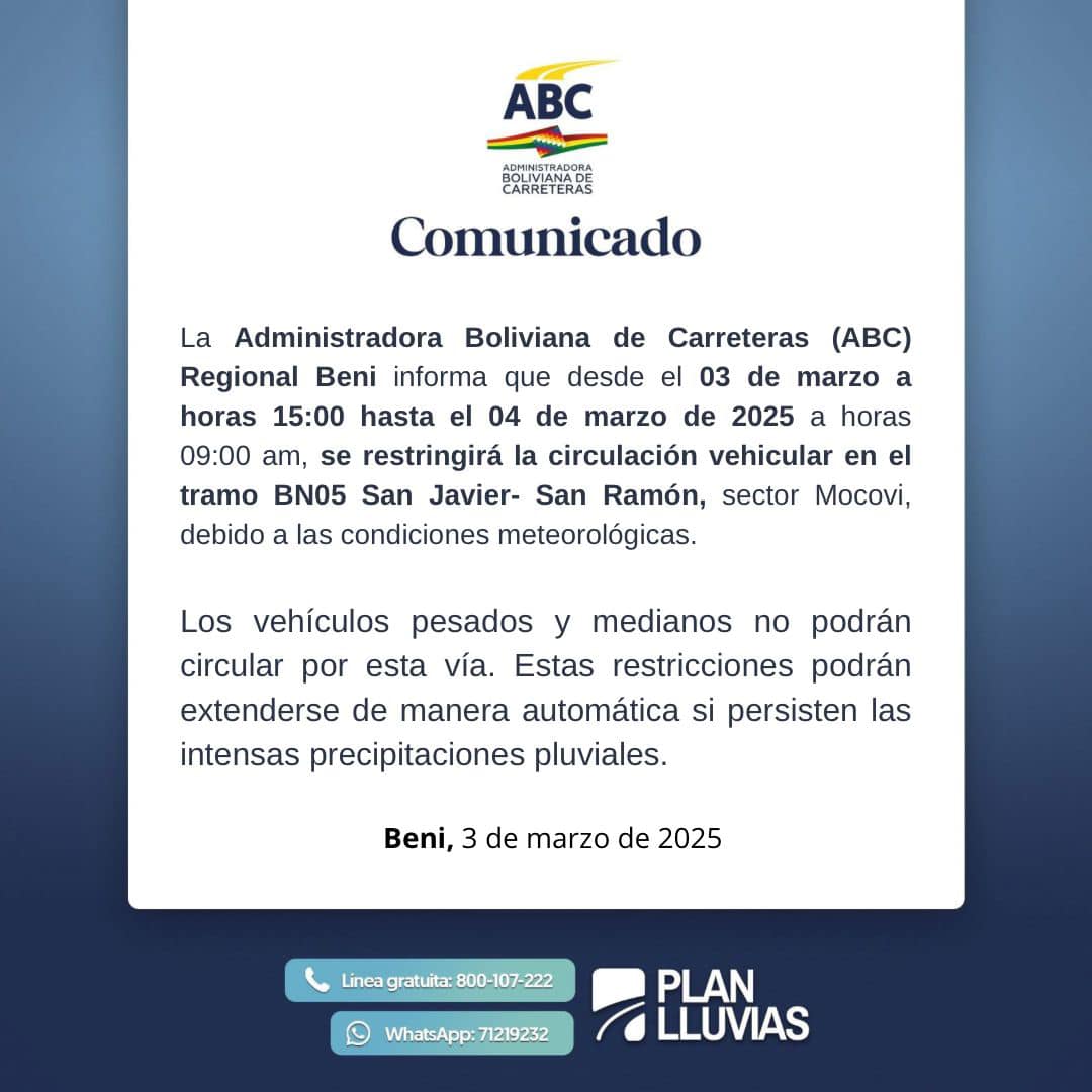 Restringen circulación vehicular en tramo BNO5 San Javier – San Ramón