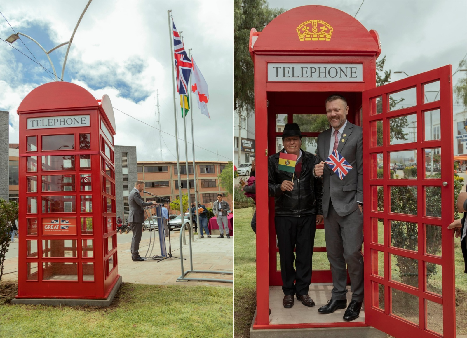 Tradicional cabina telefónica roja de Londres en la nueva Plaza "Gran Bretaña" de Sucre. Foto: GADCH