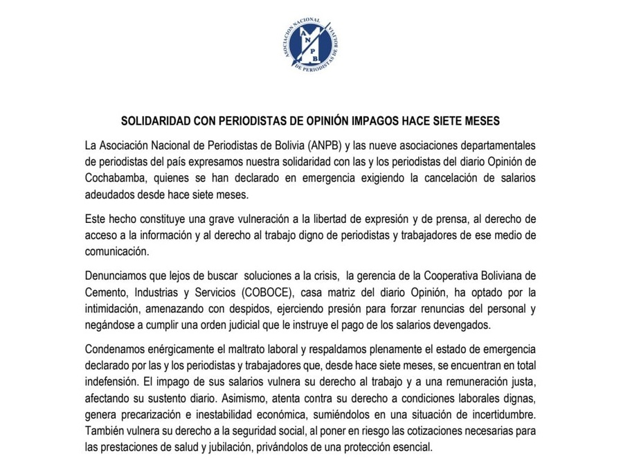 Organizaciones de periodistas condenan maltrato laboral contra personal de Opinión, impago hace 7 meses
