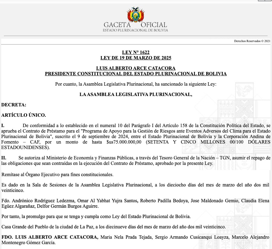 Promulgan ley que viabiliza crédito por $us 75 millones para atender desastres naturales