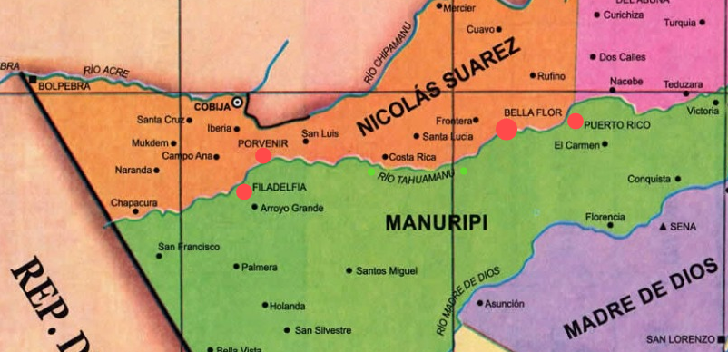 Parte del mapa de Pando y afluente del río Tahuamanu. Fuente: Educa