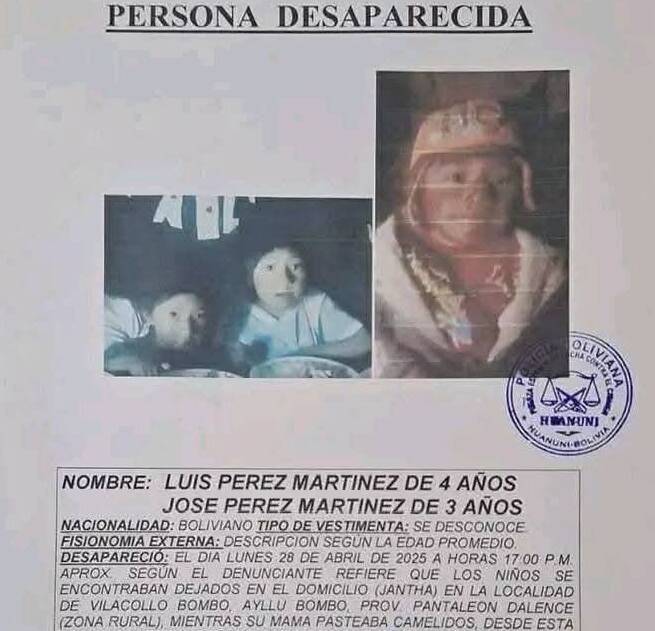 Hallan sin vida a dos niños reportados como desaparecidos en Huanuni