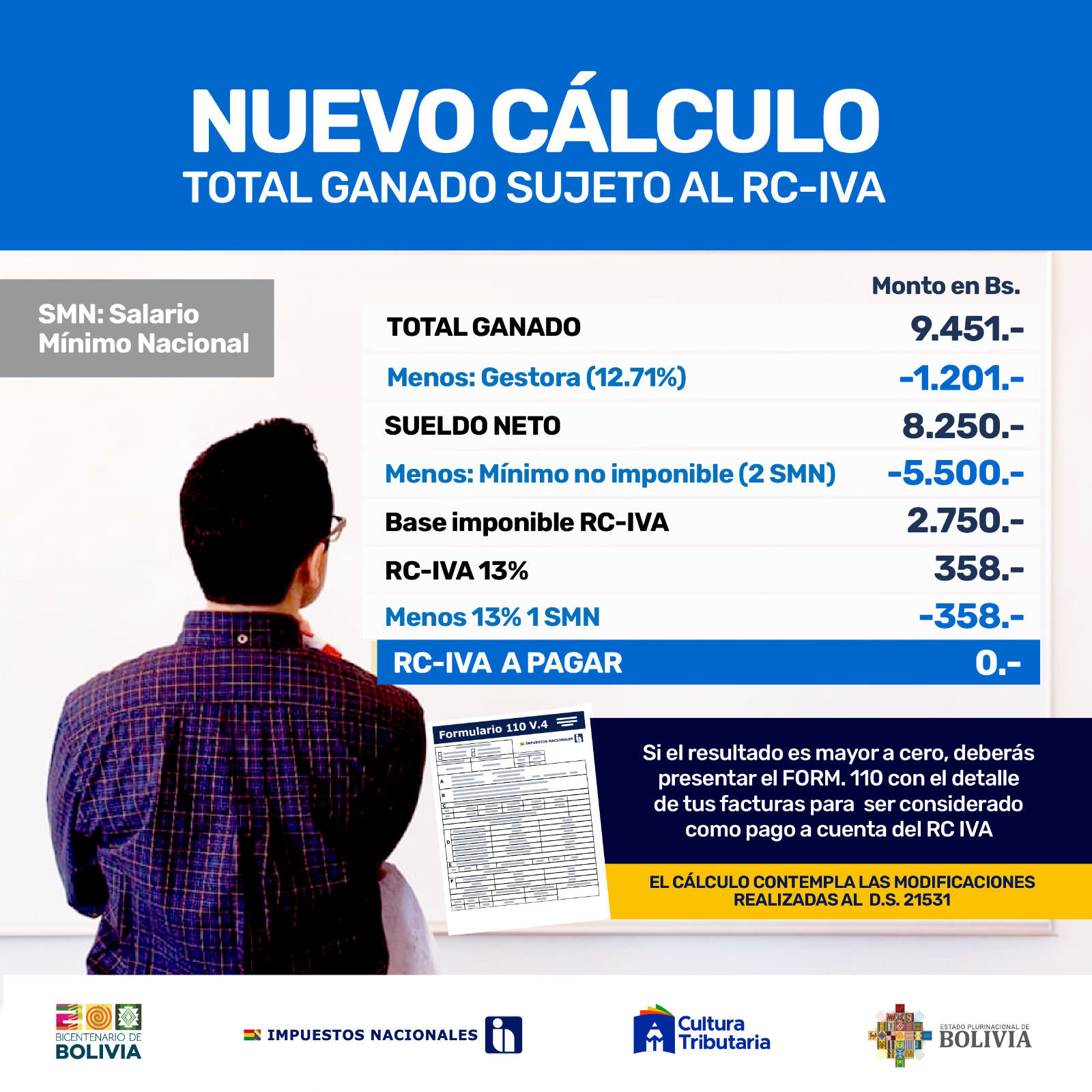 Empleados con sueldo de más de Bs 9.451 deben descargar RC-IVA