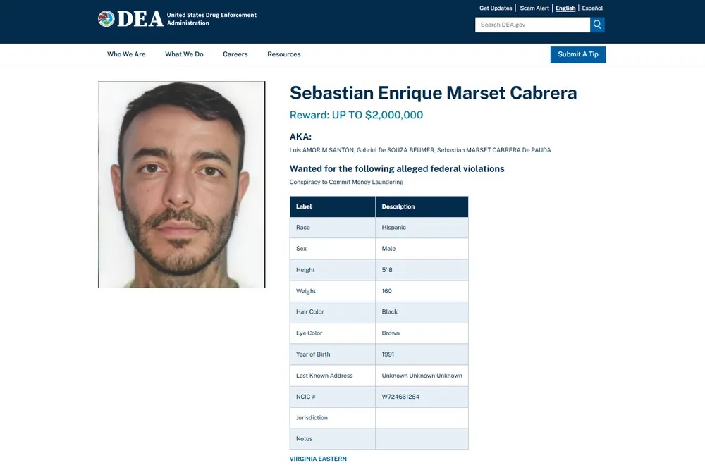 Sebastián Marset está entre los cinco narcotraficantes más buscados por la DEA