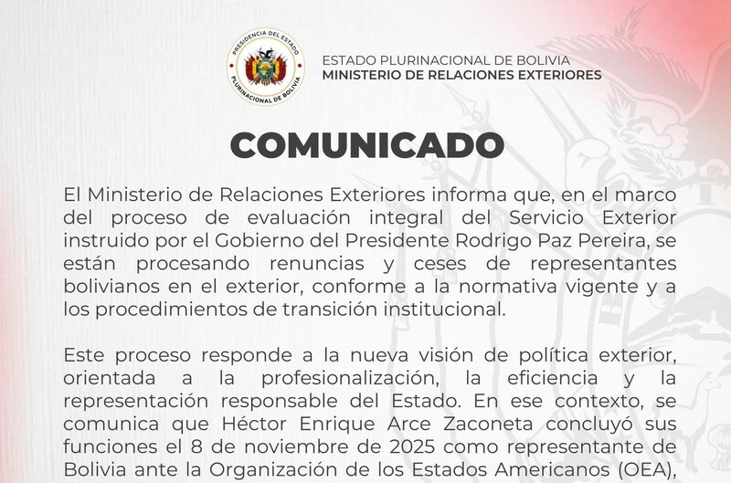 Gobierno procesa renuncias y cese de representantes bolivianos en el exterior