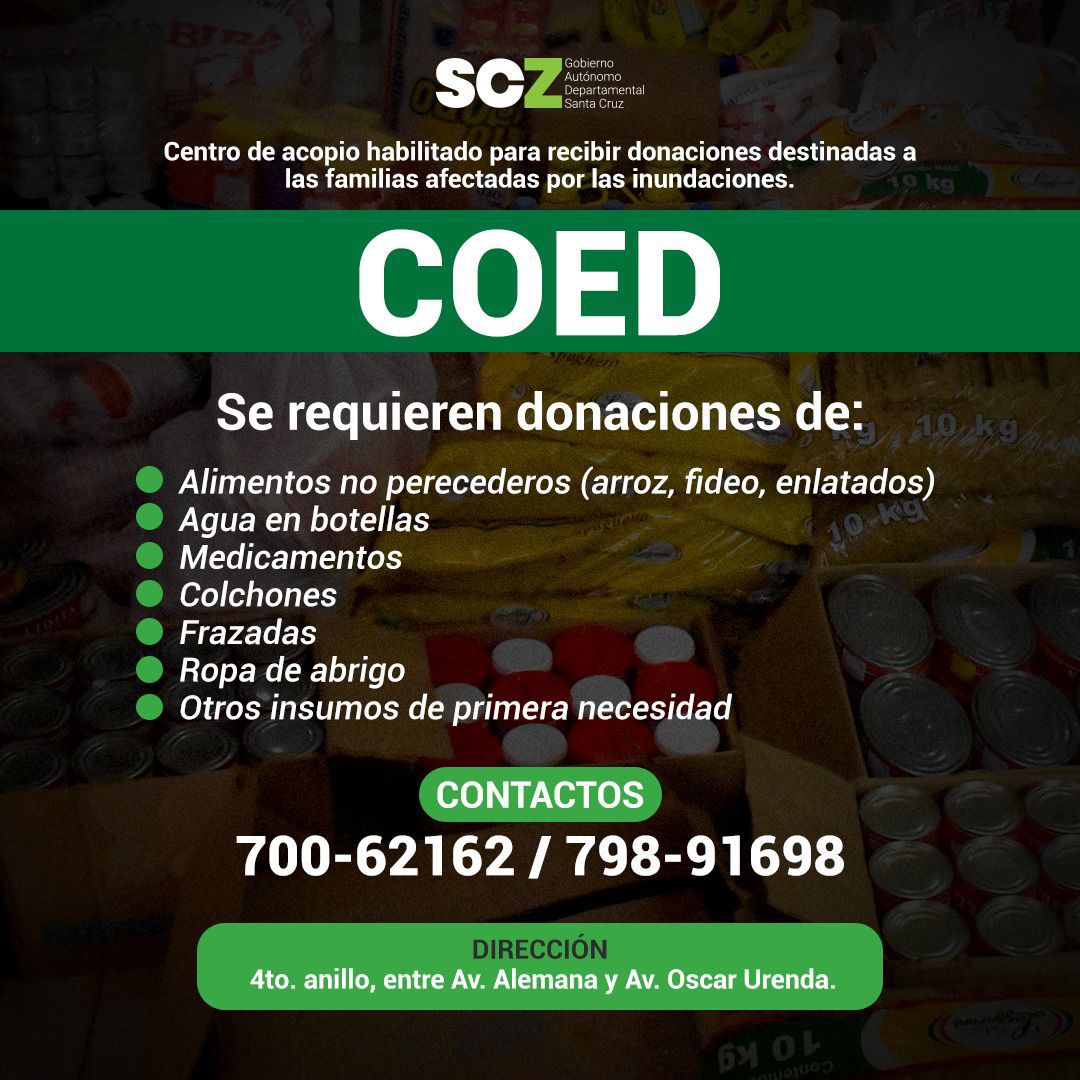COED recibe donaciones de agua, alimentos, medicamentos y ropa para damnificados por riadas en Santa Cruz