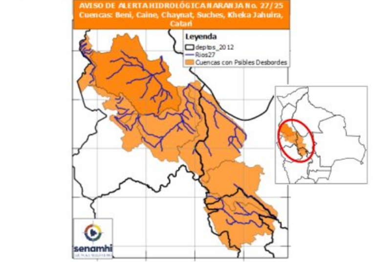 Alerta Naranja por riesgo de desborde de más de 30 ríos en Potosí, Cochabamba y La Paz