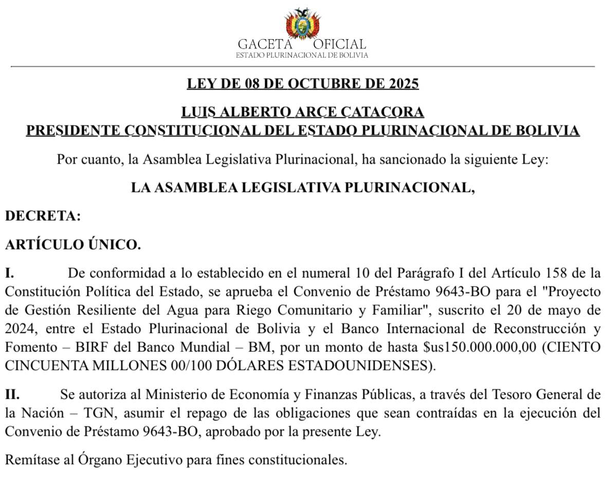 Arce promulga Ley que autoriza crédito de $us 150 millones para riego en beneficio de 30.000 pequeños productores