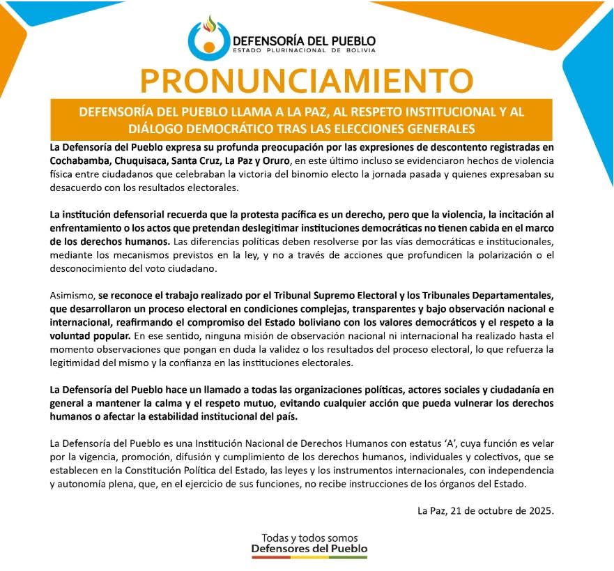 Defensoría del Pueblo llama a la calma y al respeto institucional tras las elecciones