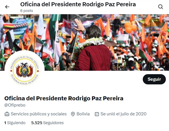 Crean en X la cuenta de la Oficina del Presidente Rodrigo Paz Pereira con la imagen del Escudo de Bolivia