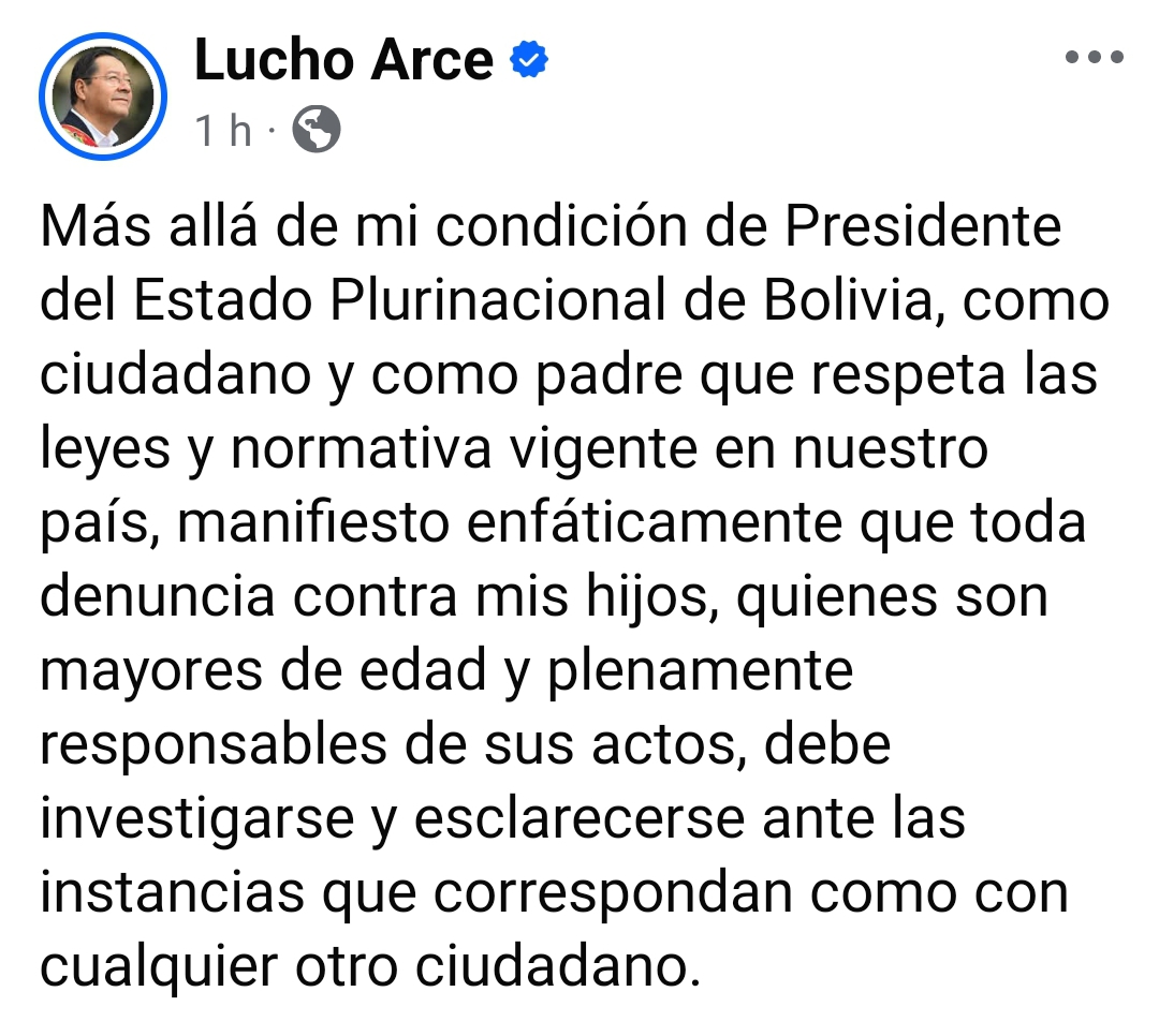 Presidente: Toda denuncia contra mis hijos debe investigarse y esclarecerse ante las instancias que correspondan
