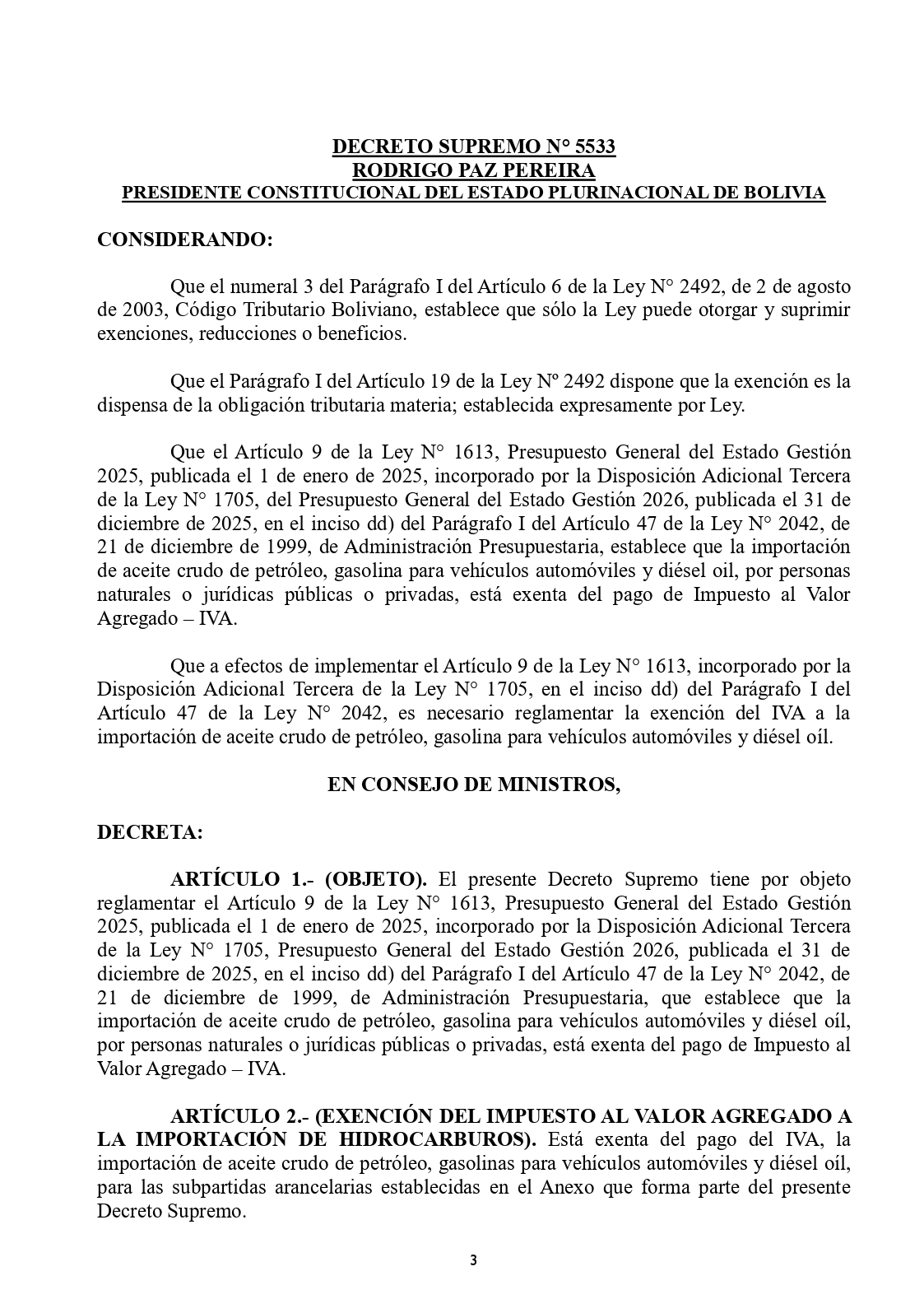 El presidente Rodrigo Paz promulga el decreto 5533 que libera del IVA a la importación de hidrocarburos vía firma digital