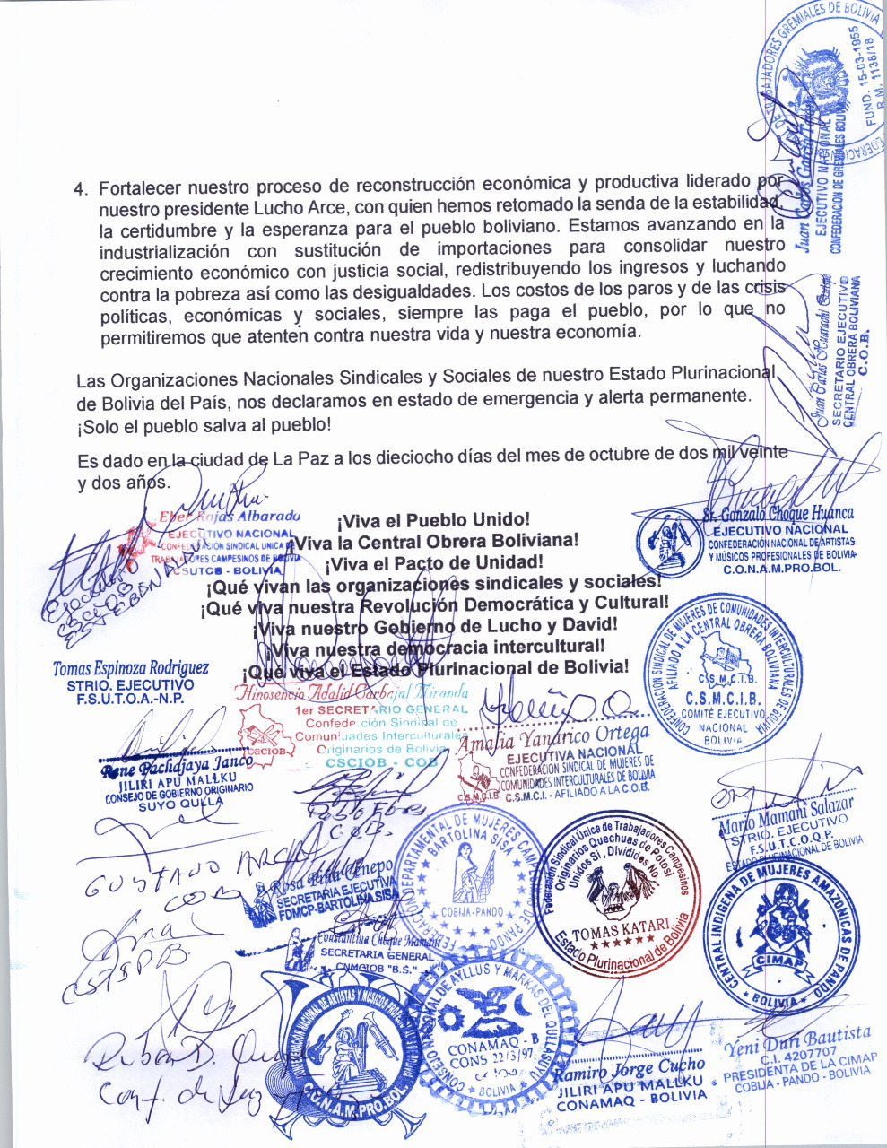 La COB y el Pacto de Unidad respaldan a Arce y llaman a la unidad para defender la democracia 