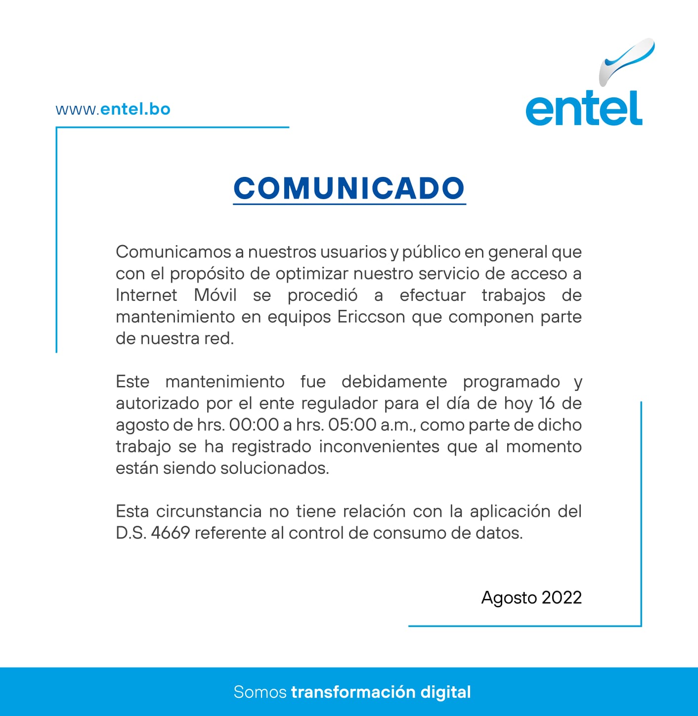 Entel efectúa trabajos de mantenimiento para optimizar servicio de internet móvil