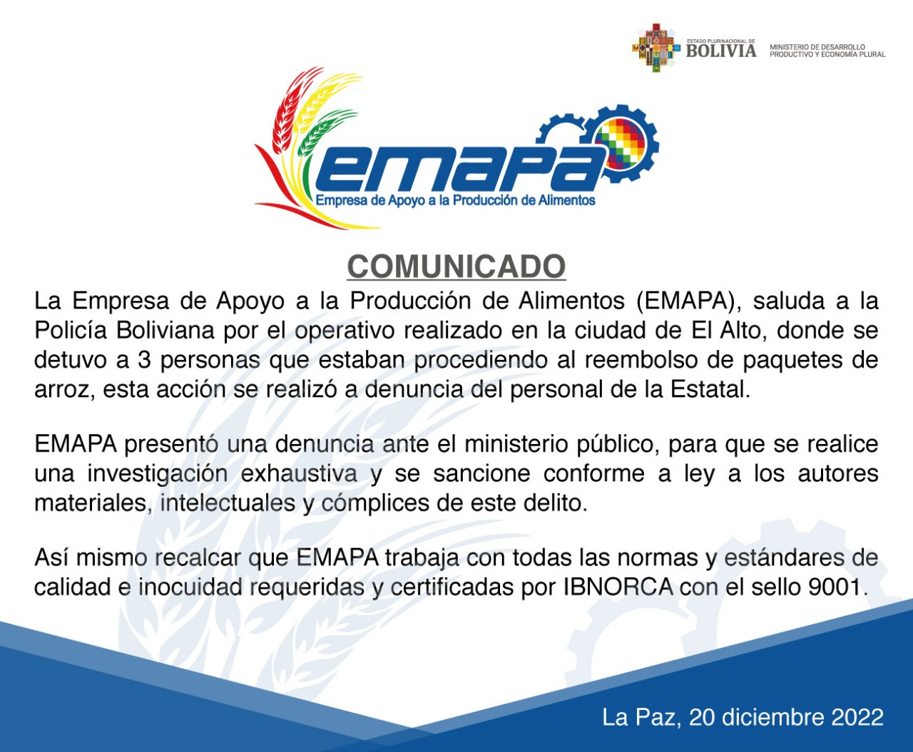 Emapa exige al Ministerio Público investigación exhaustiva y sanciones a implicados en venta de arroz mezclado