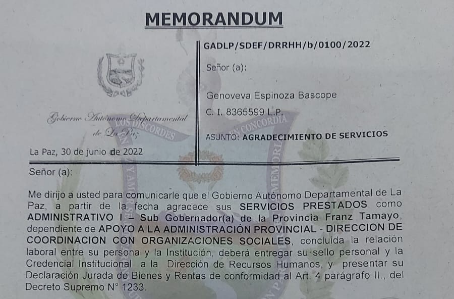 Gobernación de La Paz destituyen a subgobernadora por denunciar minería ilegal en el Madidi