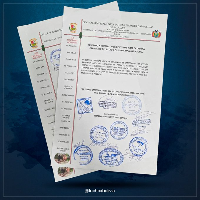 Arce suma apoyo de organizaciones sociales de Tarija