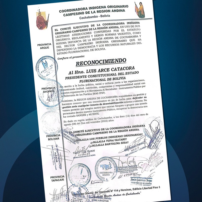 Gobierno de Arce recibe respaldo de la Coordinadora de la Región Andina de Cochabamba