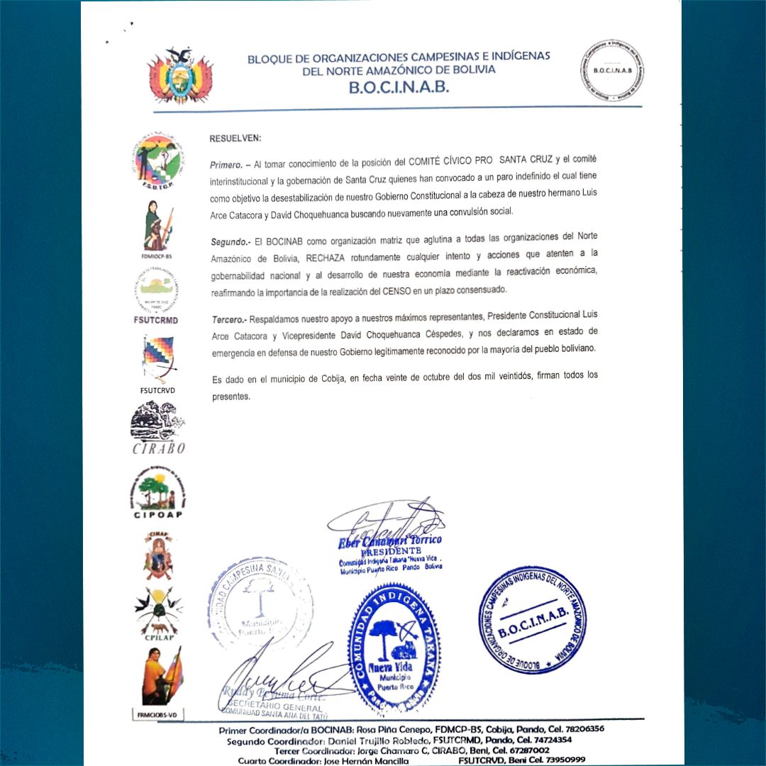 Presidente Arce agradece respaldo de campesinas e indígenas del norte amazónico ante intentos de desestabilización