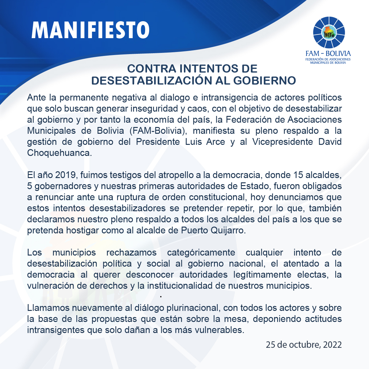 Arce destaca pronunciamiento de la FAM-Bolivia contra intentos de desestabilización