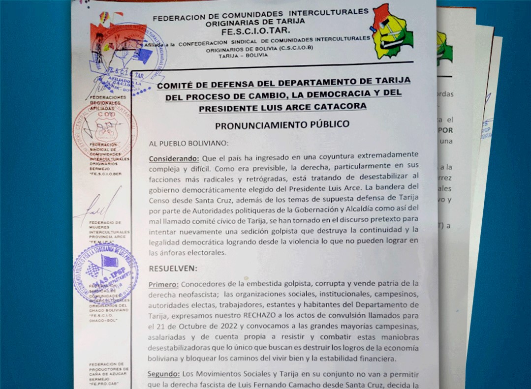 Presidente Arce agradeció el respaldo de la Federación de Interculturales de Tarija