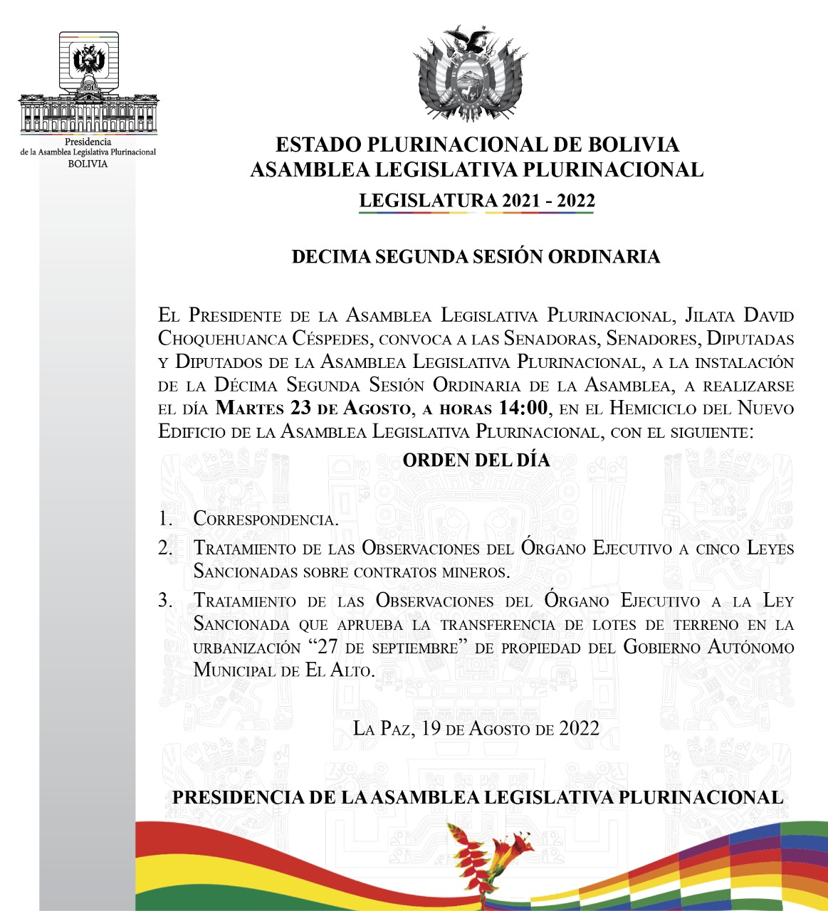 Vicepresidente convoca a sesión de la Asamblea para analizar las observaciones del Ejecutivo a seis leyes