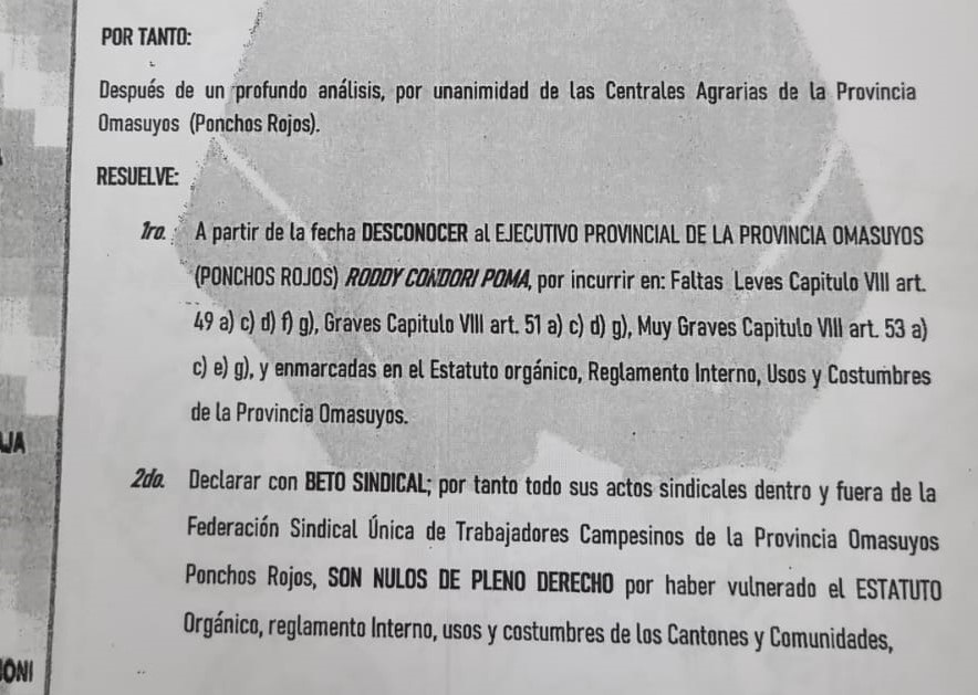 Ponchos Rojos ratifican respaldo al Gobierno y desconocen a Ruddy Condori