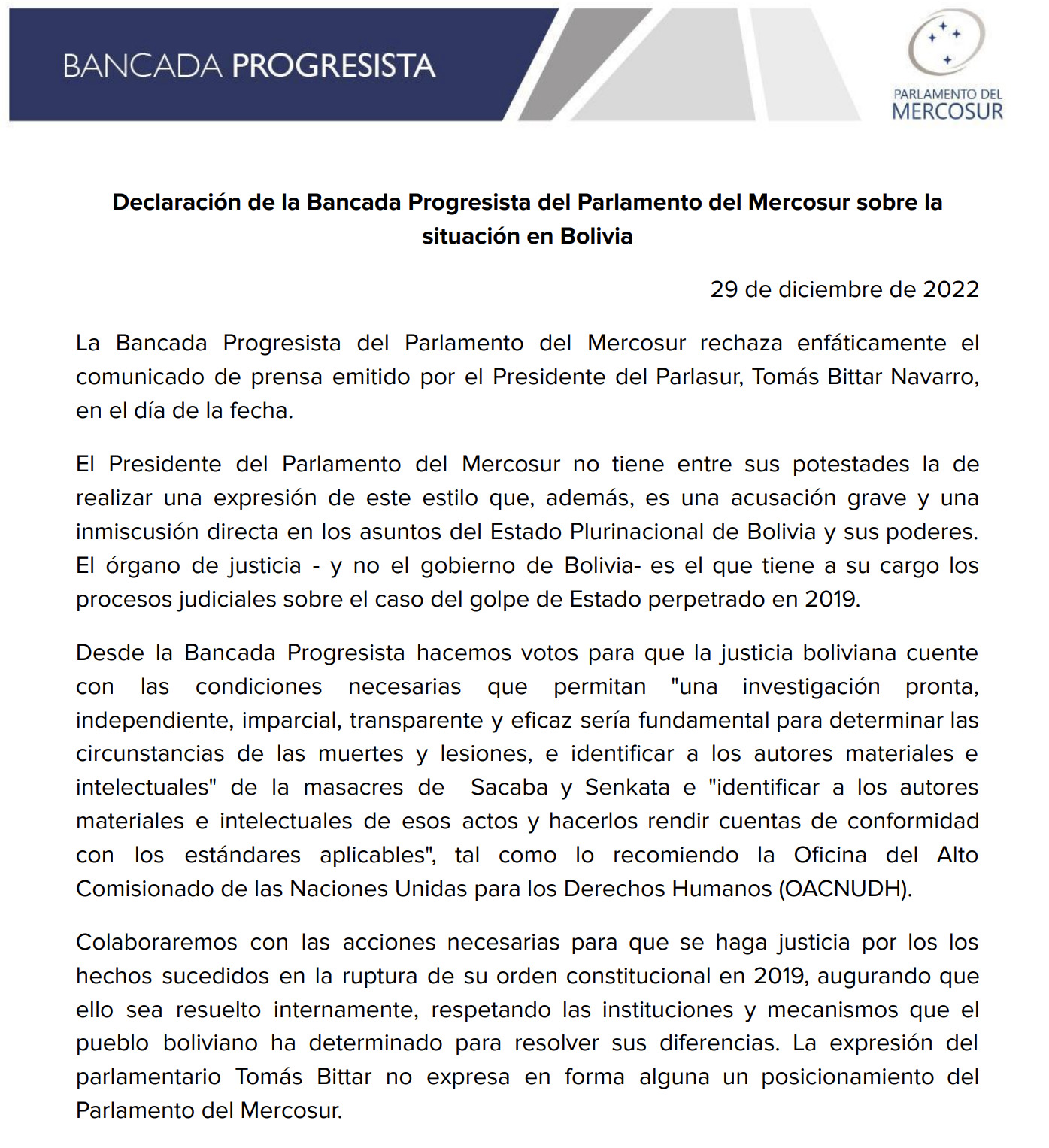 Rechazan “inmiscusión” del presidente del Parlasur en asuntos internos de Bolivia
