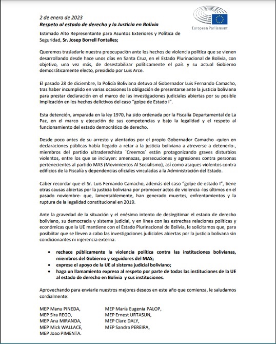 Eurodiputados exigen al Alto Representante de la Unión Europea que rechace la violencia política contra el Gobierno de Luis Arce