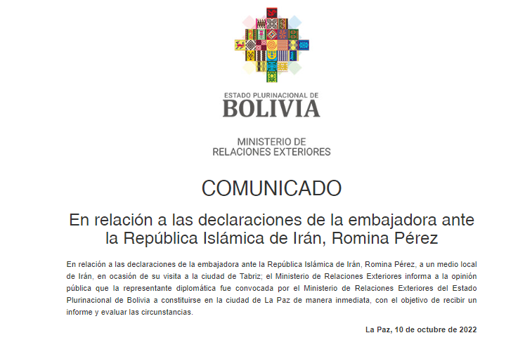 Cancillería convoca a embajadora Romina Pérez a presentar un informe en La Paz