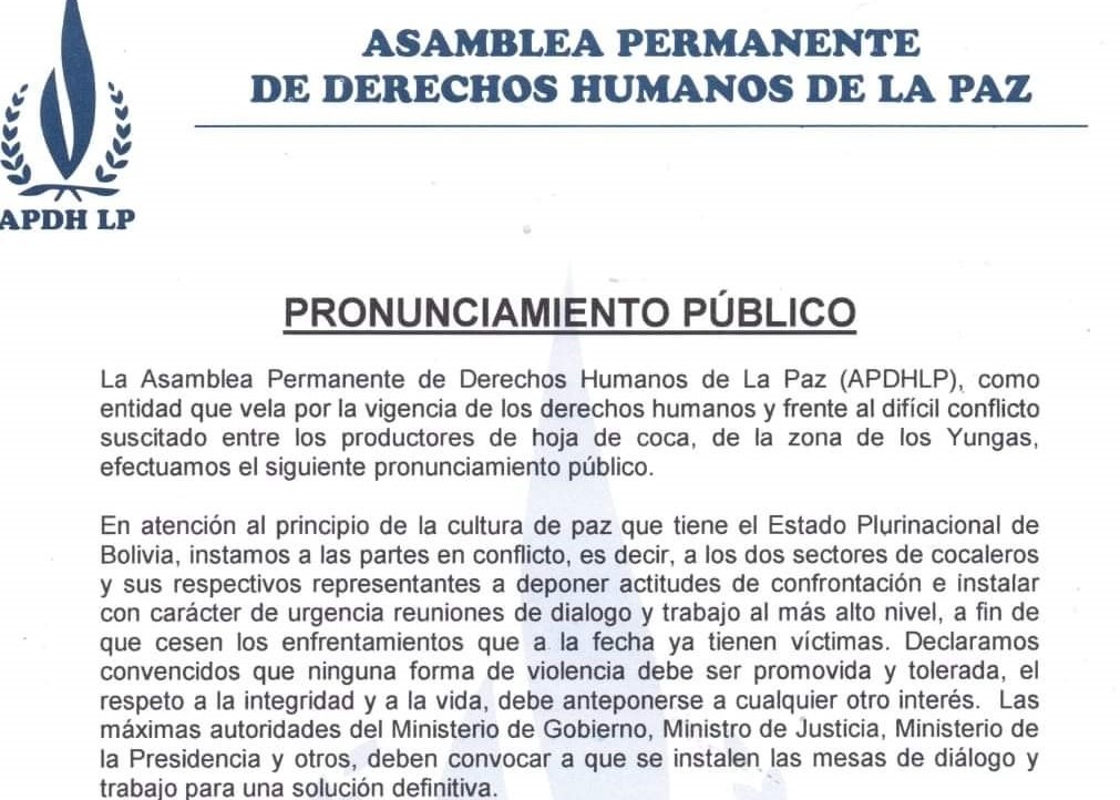 Derechos Humanos pide a cocaleros deponer acciones de violencia y entablar el diálogo