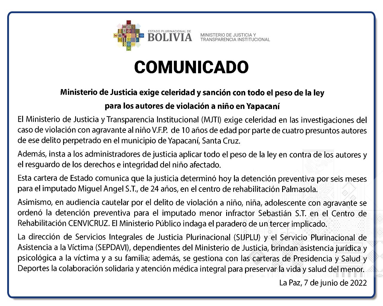 Justicia exige celeridad en el proceso y sanción para los autores de violación de un niño en Yapacaní