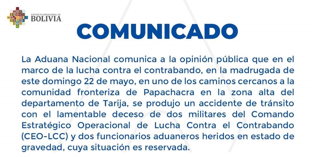 Aduana reporta muerte de dos militares y dos heridos en operativo anticontrabando en Tarija