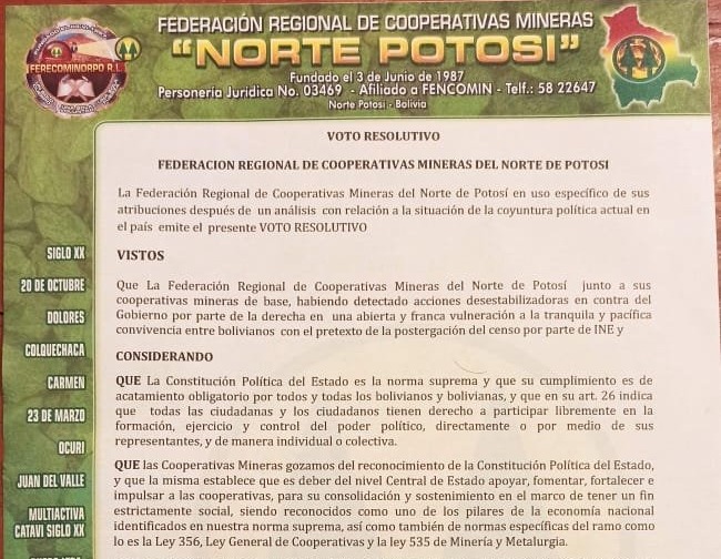 Cooperativas Mineras rechazan “intensiones sediciosas” que pretenden desestabilizar al Gobierno