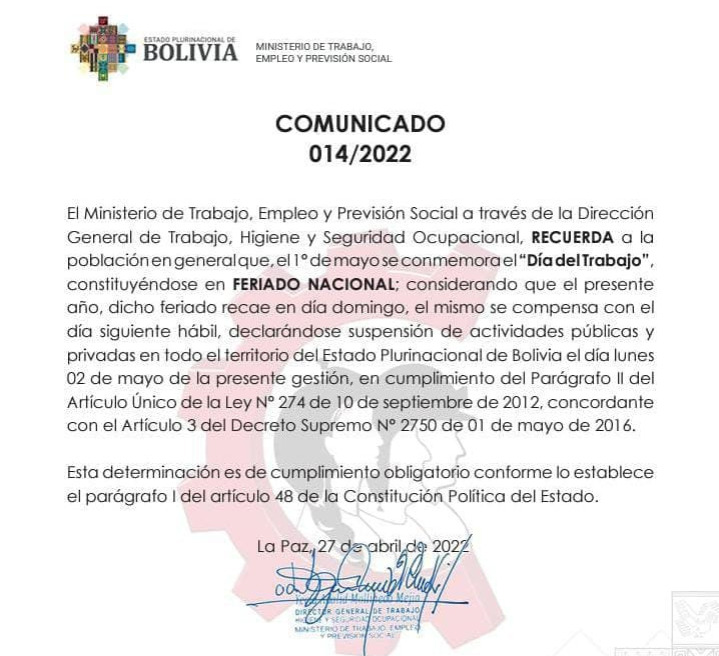 Se traslada el feriado nacional por el "Día del Trabajo" para el lunes 2 de mayo